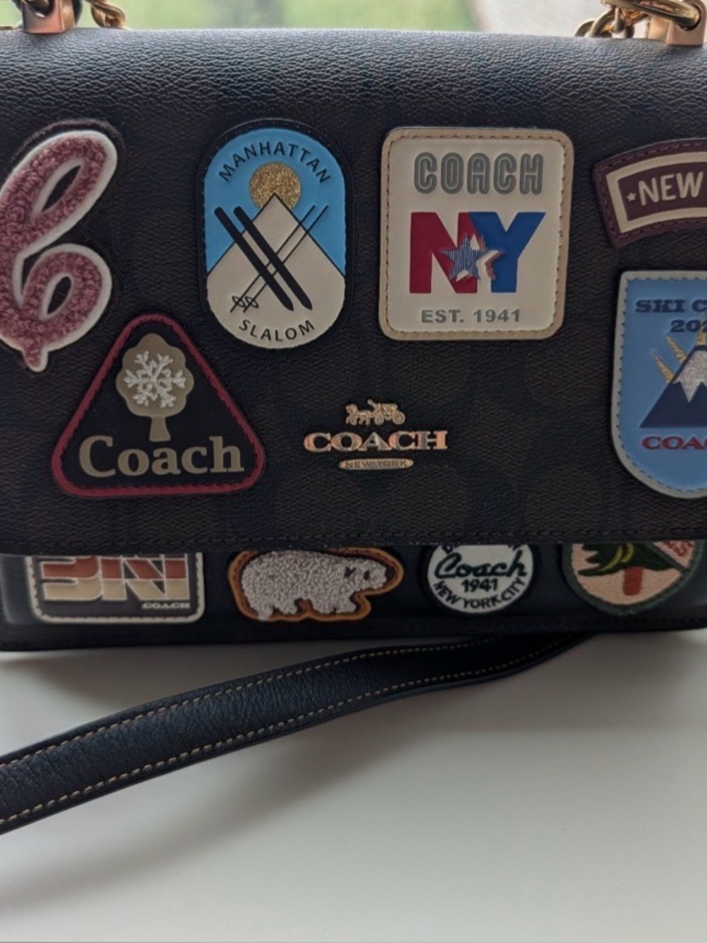 Coach Brown Patchwork Patch Logo Satchel with Gold Chain